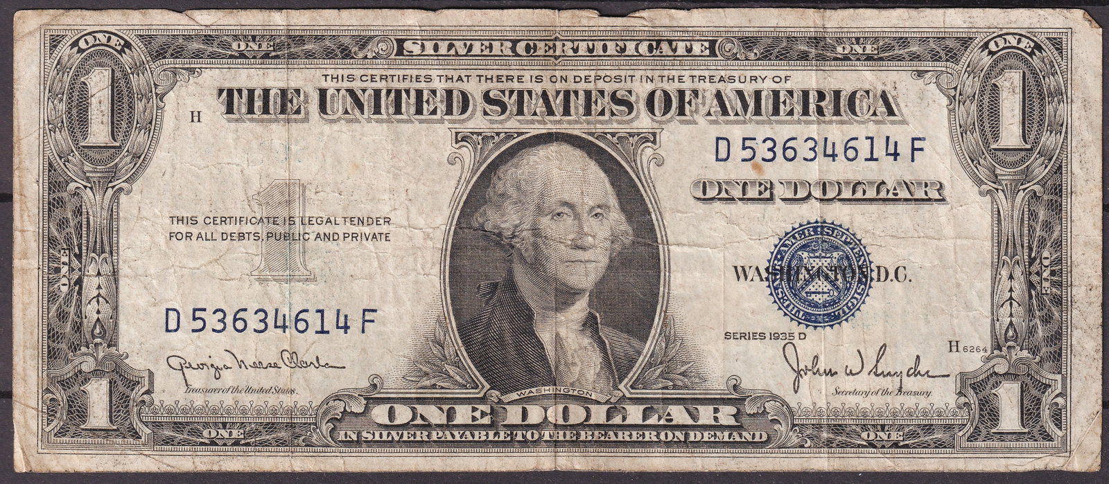 1935D USA One Dollar Silver Certificate Fr.1614 Serial D53634614F: Issued by the United States Treasury as part of the famous Silver Certificate series, this Series 1935D One Dollar note bears serial number D53634614F and represents one of the most recognizable piece