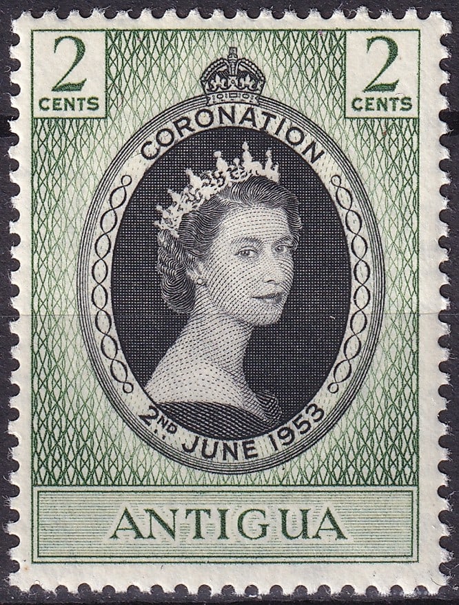 1953 Antigua 2c Coronation of Queen Elizabeth II (Scott 106): Issued on 2 June 1953 as part of the British Commonwealth omnibus set commemorating the coronation of Queen Elizabeth II, this 2-cent engraved stamp from Antigua demonstrates the refined artistry and 