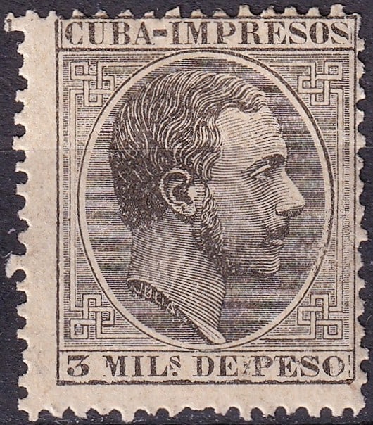 1888 Spanish colonial Cuba Newspaper Stamp 3 Mil Peso Alfonso XII Scott CU P6 Mint: A classic and historically important newspaper stamp from Spanish colonial Cuba, issued in 1888 and featuring the portrait of King Alfonso XII, one of the central figures of the Bourbon Restoration pe