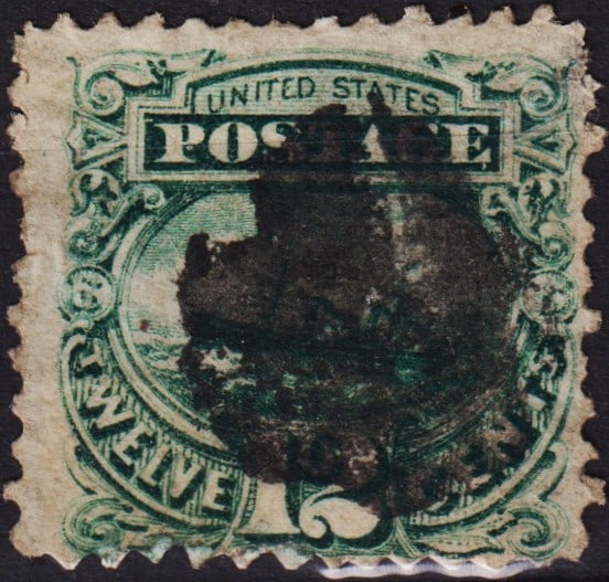 1869 12c S.S. Adriatic, Green, G-Grill, Scott 117, Used Example: This classic U.S. postage stamp from 1869 features a finely engraved image of the steamship S.S. Adriatic in rich green, denominated at twelve cents. It belongs to the first U.S. pictorial issue, whic