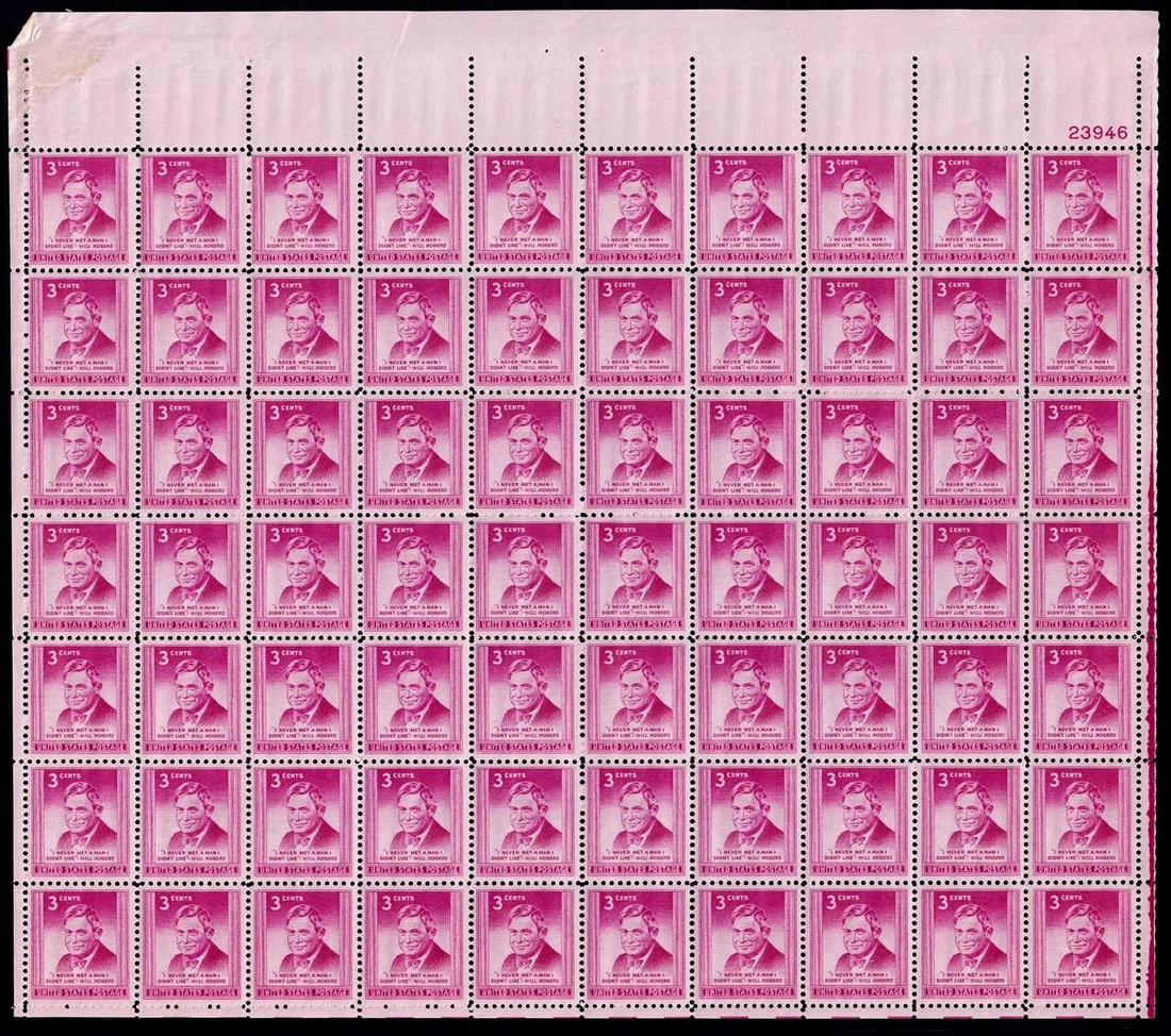 1948 Will Rogers Commemorative Sheet, 3c Red Violet, Sc 975 MNH: Issued on November 4, 1948, this United States commemorative stamp honors the life and legacy of Will Rogers (1879?1935), the iconic American humorist, actor, cowboy philosopher, and political comment