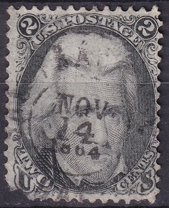 US 1863 Andrew Jackson 2c, black, Cancel 14 Nov 1864, Scott 73: Issued on July 1, 1863, this 2-cent black stamp features a finely engraved portrait of Andrew Jackson, the seventh President of the United States and a towering figure in 19th-century American politic