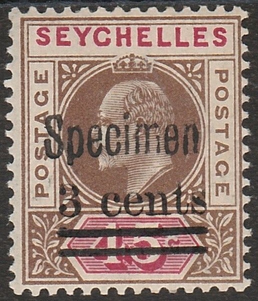 1903 Seychelles SG59 Michel 51 Specimen 3c on 45c Surcharge MNH: Issued in 1903 for the Seychelles, this original Specimen stamp is catalogued as Michel 51 and Stanley Gibbons 59. It is the scarce provisional 3 cents on 45 cents surcharge, produced to satisfy an im