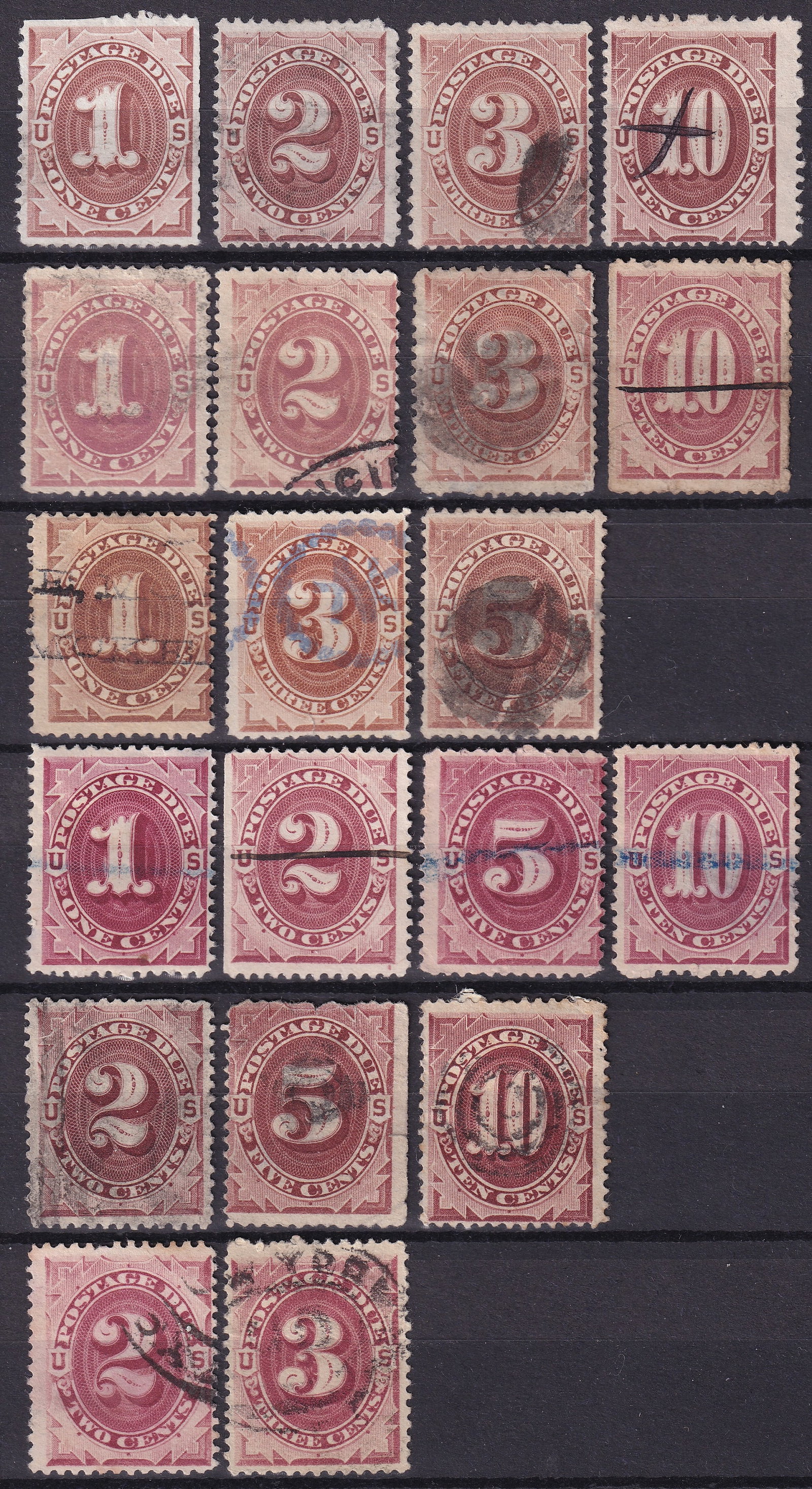 USA 1879–1891 Postage Due Stamp Lot – ABNCo Designs, 1¢–10¢, Used & Unused, Scott J1–J22: An impressive mixed-condition group of 32 U.S. postage due stamps from the 1879–1891 American Bank Note Company issues, featuring engraved designs in shades of brown and deep carmine. These classic 