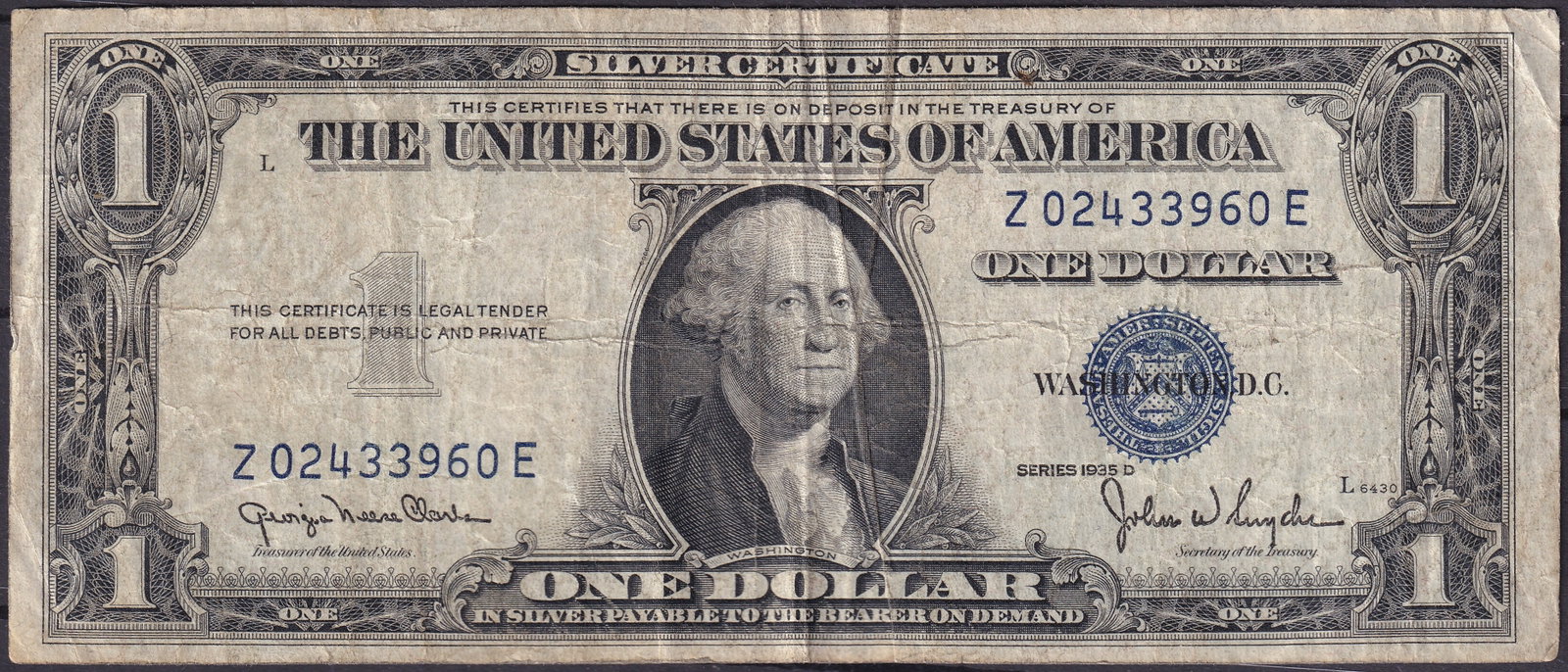 1935D United States 1 Silver Certificate – George Washington (Fr.1607 / Series 1935D): This Series 1935D 1 Silver Certificate represents one of the most widely circulated small-size U.S. notes of the mid-20th century, issued during a period when silver-backed currency remained an integr