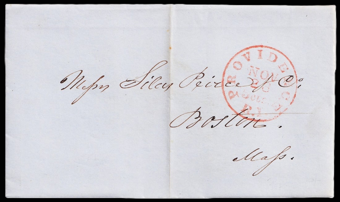 1850 Providence to Boston stampless folded letter with red CDS: This authentic stampless folded letter was sent from Providence, Rhode Island to Boston, Massachusetts in 1850. The front of the folded letter bears a sharp red circular date stamp (CDS) reading "PROV
