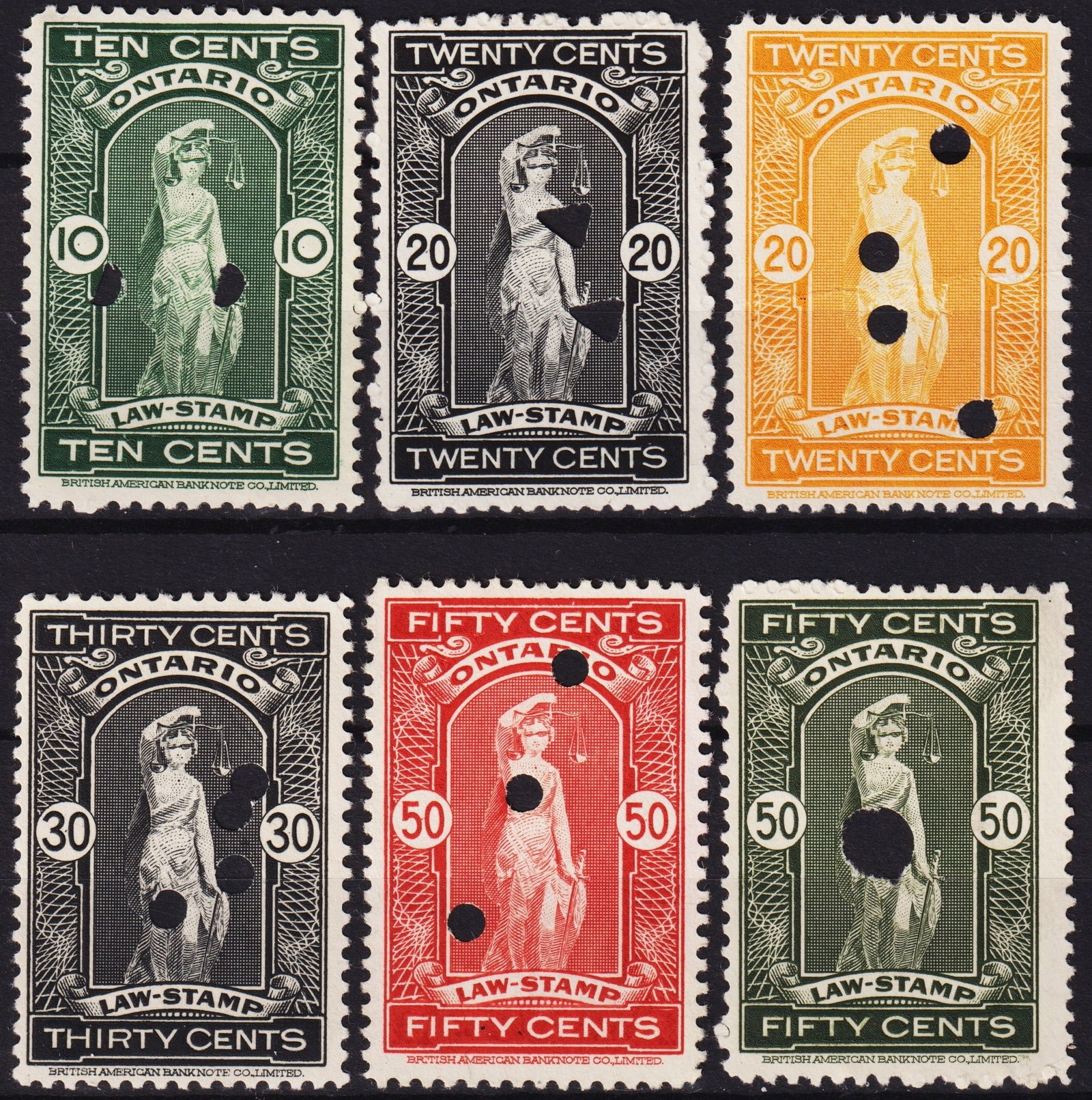 Canada Revenue Stamp - Law Stamps (1929) Lot, Used: A set of six Canadian Law Stamps from 1929, each with a distinct color and denomination. These stamps were issued by the British American Banknote Co. Ltd. and feature a depiction of a lady holding sc