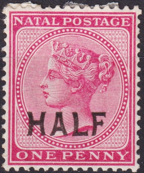 Natal 1895 Queen Victoria Overprint “HALF?? ½d on 1d Rose-Red SG125: A scarce and historically significant provisional issue from Natal, released on March 18, 1895, featuring the portrait of Queen Victoria with crown and diadem in rose-red typographic print, originally