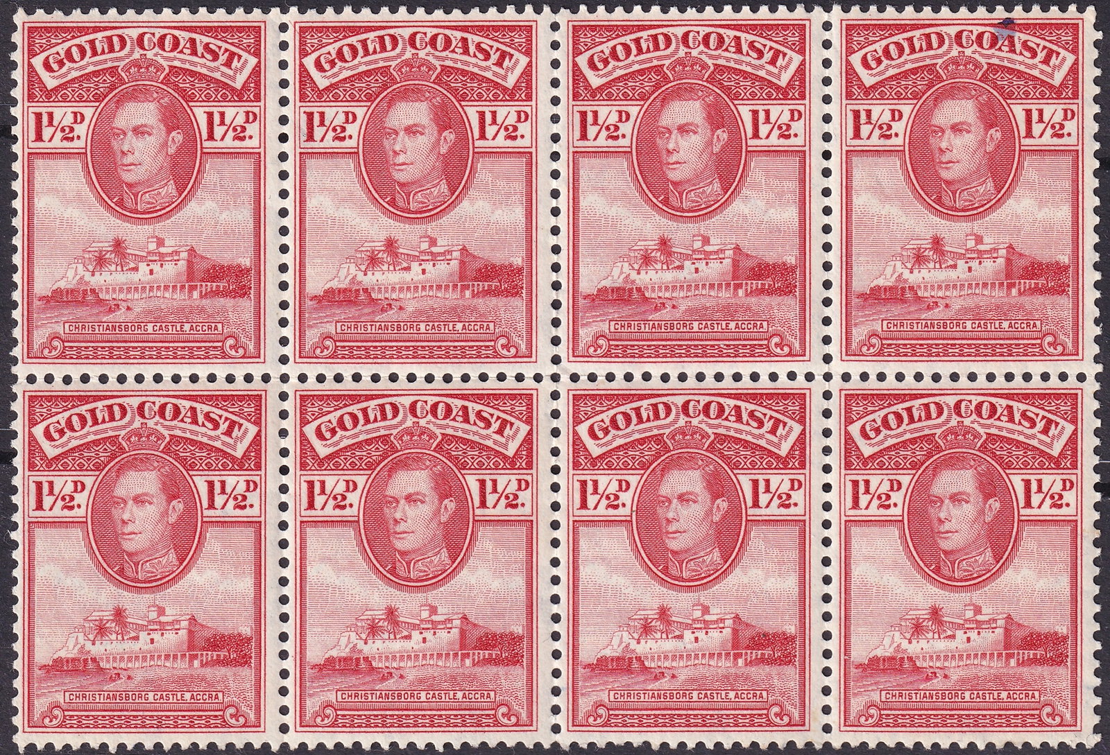 Gold Coast 1938 King George VI 1½d Scarlet Scott 115 Block of Eight MNH: This 1938 Gold Coast 1½d scarlet issue featuring King George VI and the historic Christiansborg Castle in Accra represents one of the most recognizable engraved designs from the colonial period