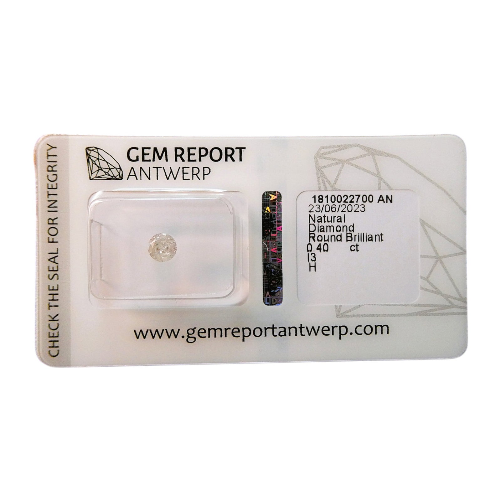 0.40 ct Natural Diamond, Round Brilliant, H/I3, Gem Report Antwerp: This certified natural diamond, graded by Gem Report Antwerp under report number 1810022700 AN dated June 23, 2023, is a round brilliant-cut specimen weighing 0.40 carats. The diamond displays a near-