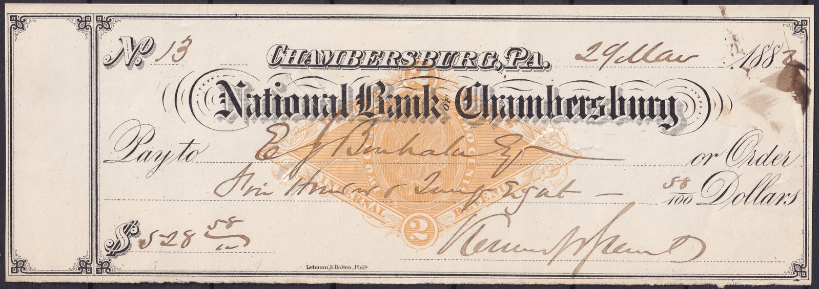 United States 1882 National Bank of Chambersburg Check RN-G1 Orange Revenue Imprint: This historical 1882 check issued by the National Bank of Chambersburg, Pennsylvania, represents a fine example of late 19th-century American fiscal and banking ephemera. Classified as RN-G1 under the