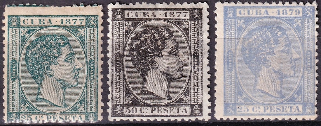 1877 1879 Cuba Alfonso XII 25c 50c SG70 71 82 Mint Set: A scarce and historically important mint group from Cuba under Spanish colonial administration, issued between 1877 and 1879 and featuring King Alfonso XII. This classic definitive series, catalogued 