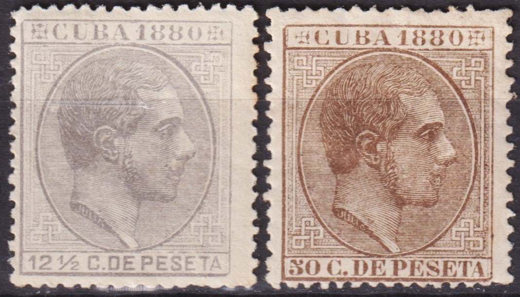 Cuba 1880 King Alfonso XII 12½c & 50c Mint Stamps: Two rare mint stamps from Cuba issued in 1880, both featuring the finely engraved profile portrait of King Alfonso XII, a design typical of the late 19th-century Spanish colonial issues. The set inclu