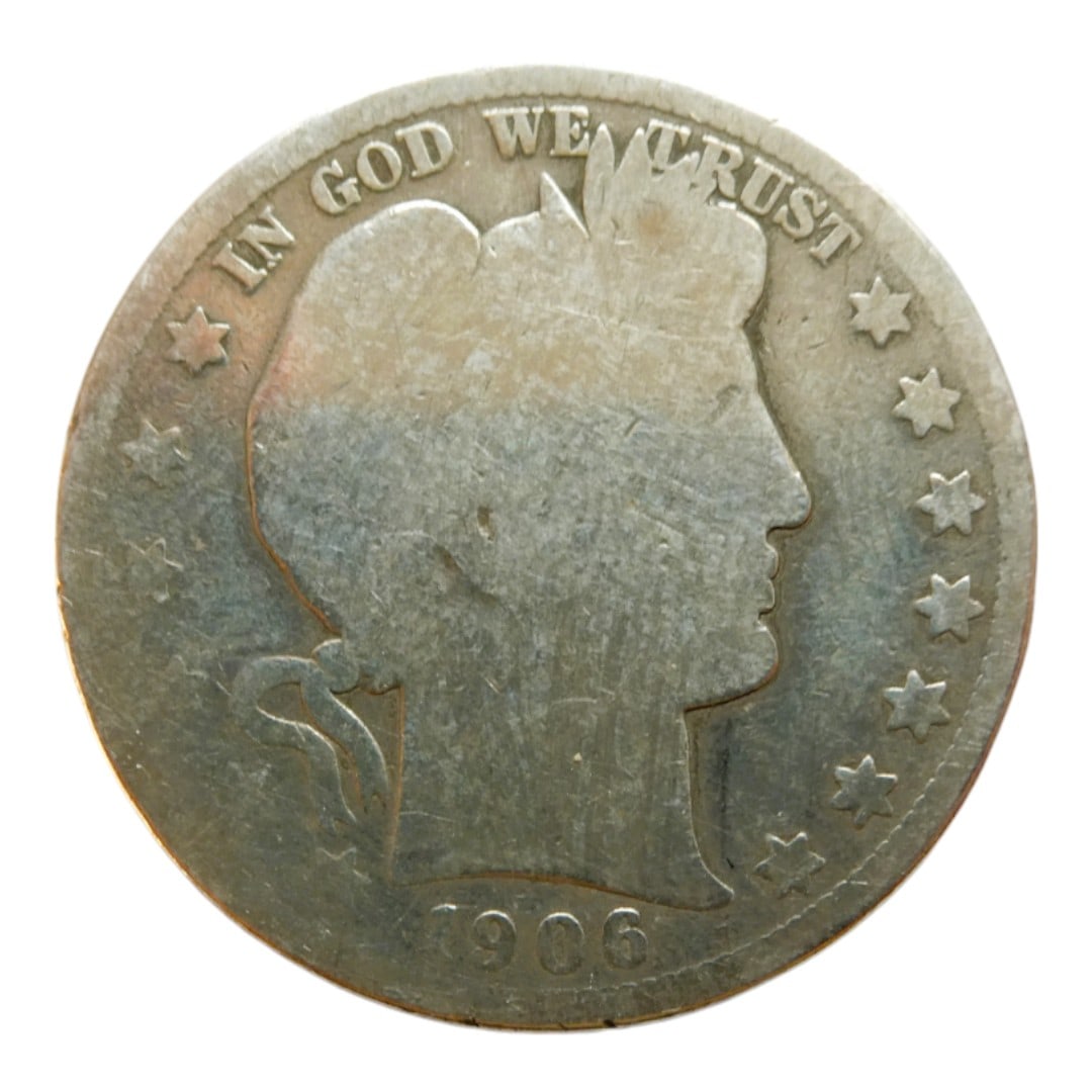 USA 1906 Barber Half Dollar, silver coin, Philadelphia mint: This 1906 Barber Half Dollar represents the classical elegance of early 20th-century American coinage. Designed by Chief Engraver Charles E. Barber, the obverse features a right-facing Liberty wearing
