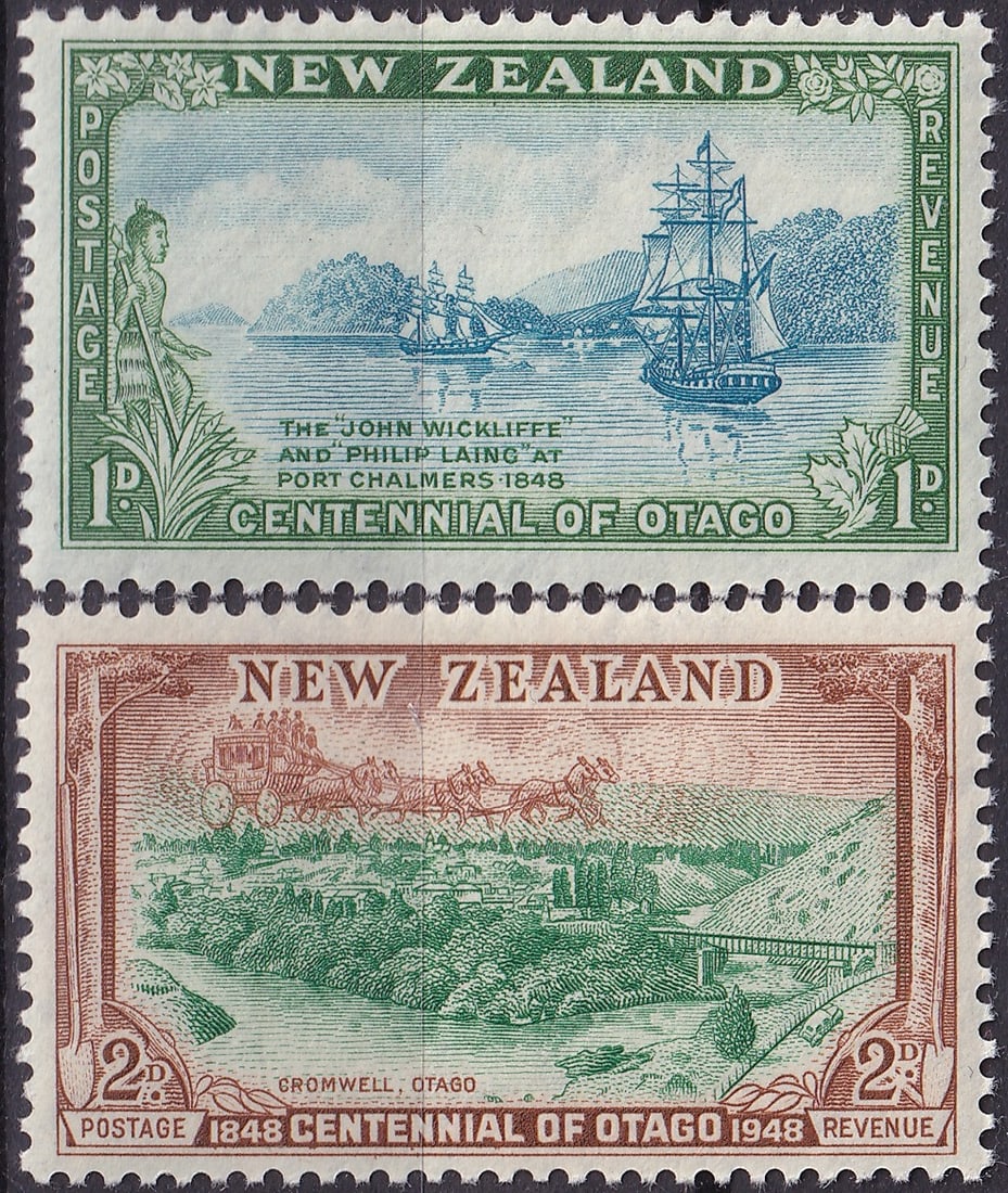 British New Zealand 1948 Otago Centennial Stamps Scott 269-270 Mint Set: Issued on 23 February 1948 to commemorate the centennial of Otago, this New Zealand set features two beautifully engraved designs by James Berry and printed by Bradbury, Wilkinson & Co. Ltd. The 1 pen