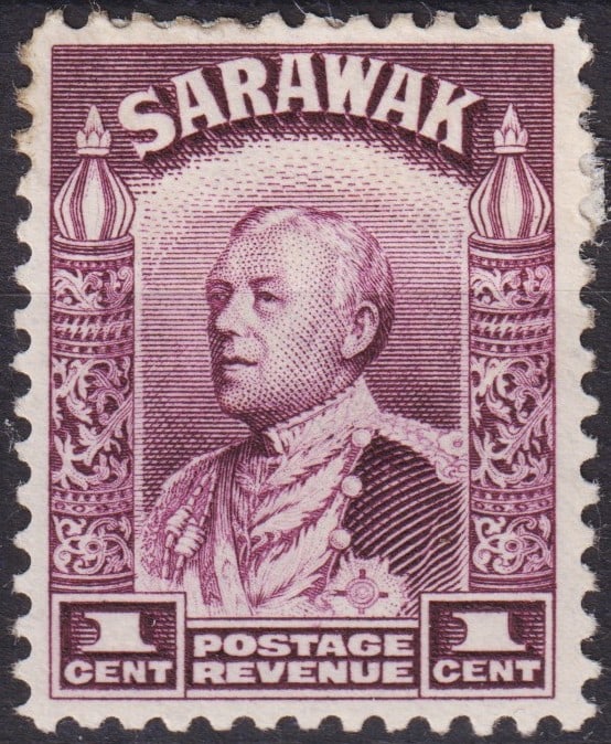 1934 British Sarawak 1c Sir Charles Vyner Brooke SG 106 Scott 109: Issued in 1934 during the reign of Rajah Charles Vyner Brooke, this engraved 1 cent stamp from Sarawak presents a finely executed portrait of the last White Rajah in ceremonial attire, framed by richl
