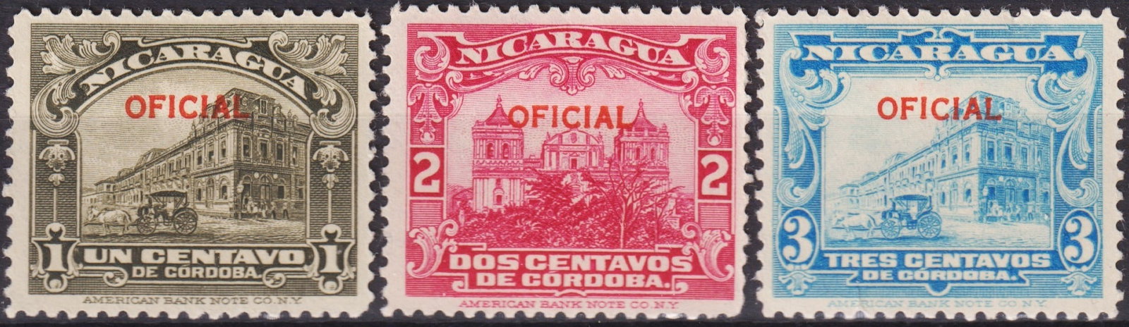 Nicaragua 1932 Official Issue Scott O332-O334 – Overprint “OFICIAL: This lot features three official service stamps from Nicaragua, issued in 1932 as part of the overprinted "OFICIAL" series for government use. Printed by the American Bank Note Company in fine recess 