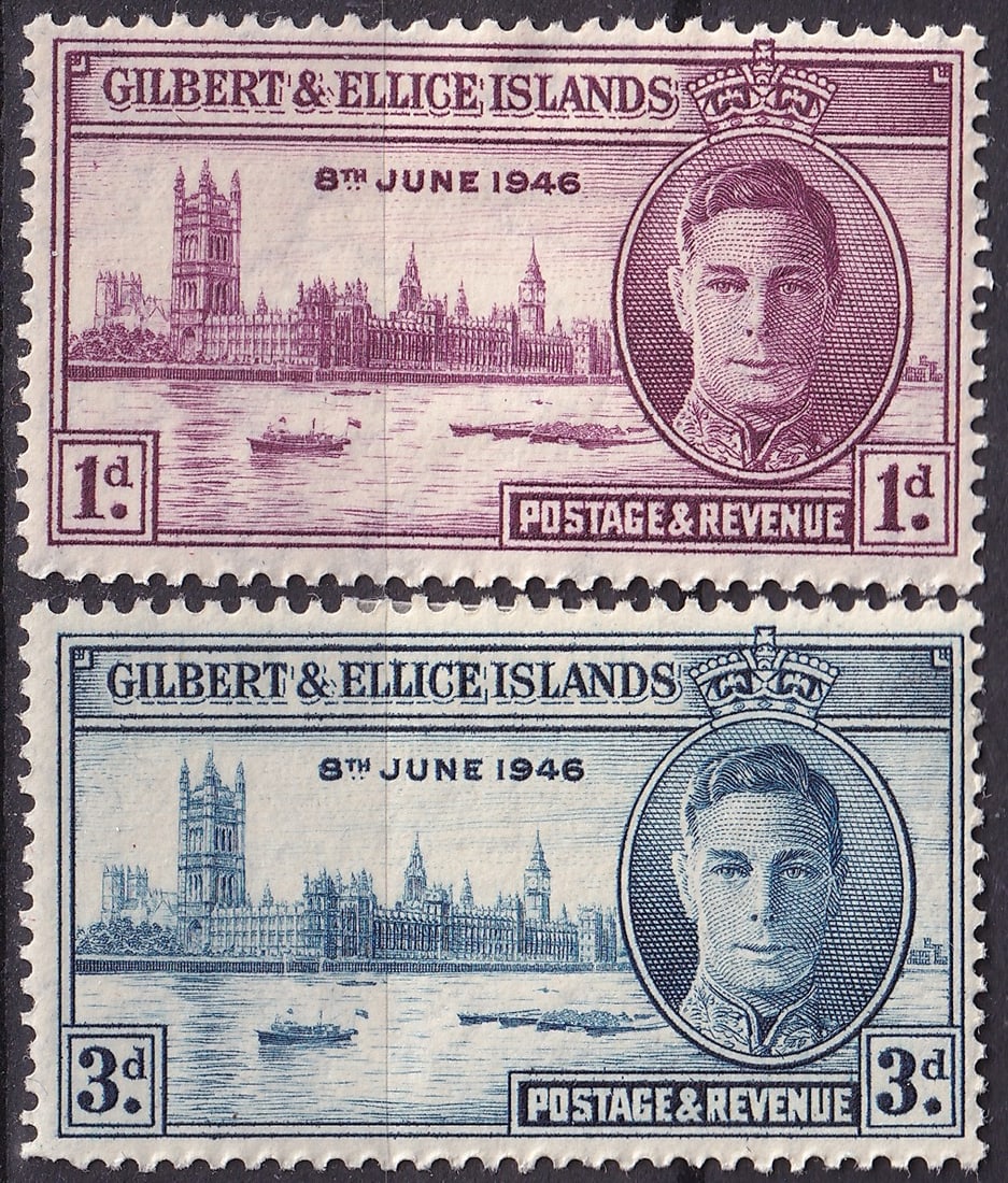 Gilbert & Ellice Islands 1946 Peace Issue Scott 52-53 King George VI: This remarkable pair of commemorative stamps from the Gilbert & Ellice Islands was issued on December 16, 1946, to celebrate peace following the end of the Second World War. Featuring the dignified po