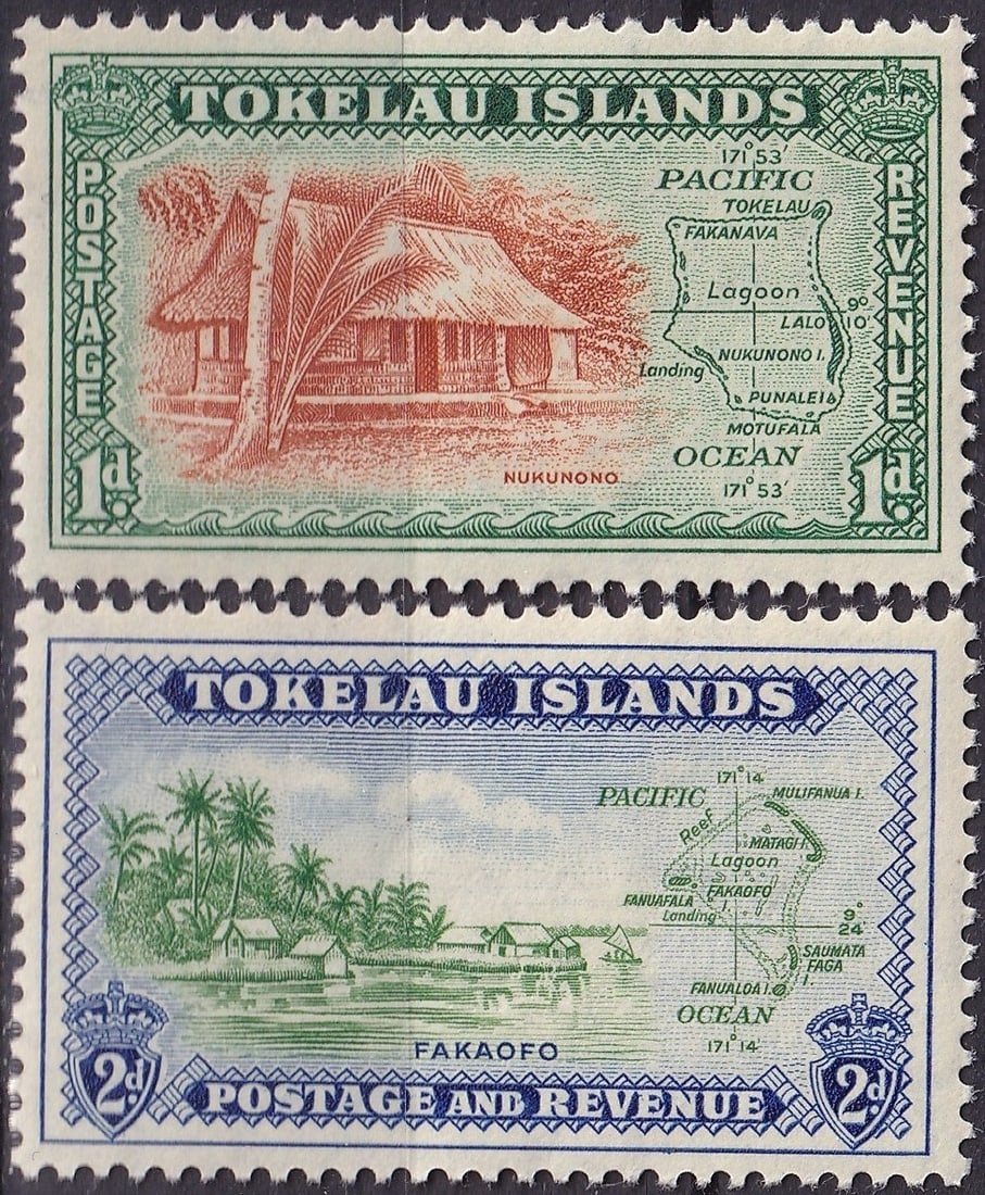 British Tokelau Islands 1948 Local Scenes Issue, Scott TK 2–3: The Tokelau Islands "Local Scenes" issue of 1948 marks the very first set of stamps produced for this remote Pacific territory, then administered by New Zealand. The set includes the 1d green and oran