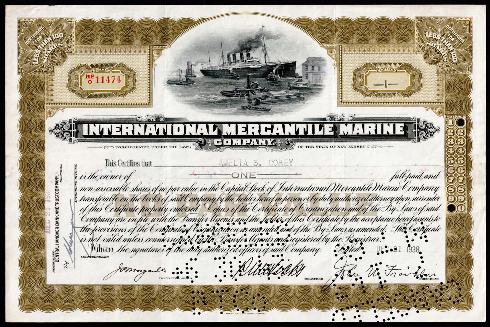 US 1938 International Mercantile Marine Company Stock Certificate Ship: Historic engraved stock certificate issued by the International Mercantile Marine Company, one of the most important shipping conglomerates of the early twentieth century. The certificate represents o