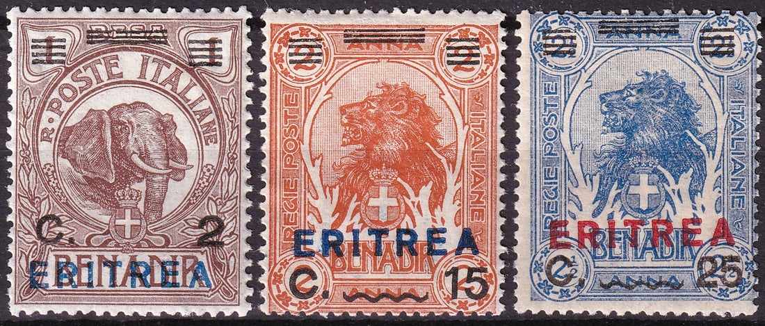 1922–1924 Eritrea Italian Colony Overprints Scott 58 84 85 MNH Set: An attractive mint never hinged trio from the Italian colonial administration in Eritrea, issued between 1922 and 1924 and created by overprinting stamps originally prepared for Italian Somalia. The s