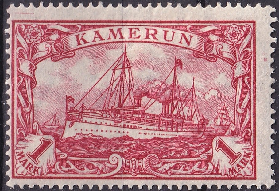 1919 Kamerun German Administration Steamship Issue Scott 24 1 Mark: This stamp originates from Kamerun under German administration and belongs to the classic colonial Steamship issue depicting the imperial mail steamer SMS Hohenzollern symbolizing German maritime powe