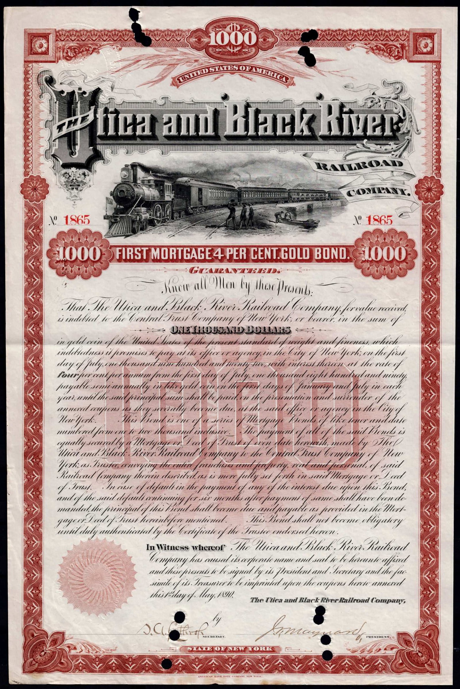 1881 Utica and Black River Railroad Company gold bond 1000 dollars: This historically important bond issued by the Utica and Black River Railroad Company in 1881 reflects the powerful role that corporate finance played in building transportation networks across the Un