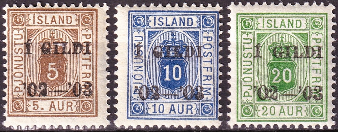 1902 Iceland Officials Scott O22 O23 O24 I GILDI Overprint MNH set: This scarce and historically significant set of three official stamps from Iceland, issued in December 1902, represents the early “I GILDI” overprinted provisional officials produced during a 