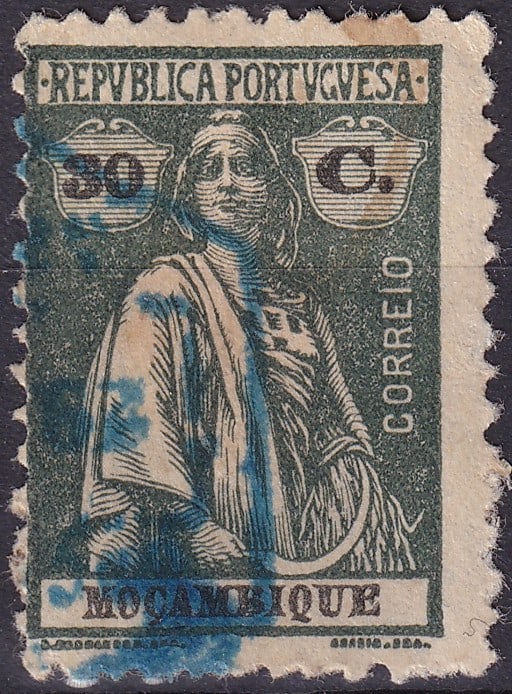 Portuguese 1922 Mozambique Ceres Overprint 30 Centavos Olive Green: This attractive 1922 Mozambique Ceres issue presents the classic allegorical figure of Ceres, symbolizing agriculture and abundance, surcharged to the new value of 30 centavos during the early Portugu