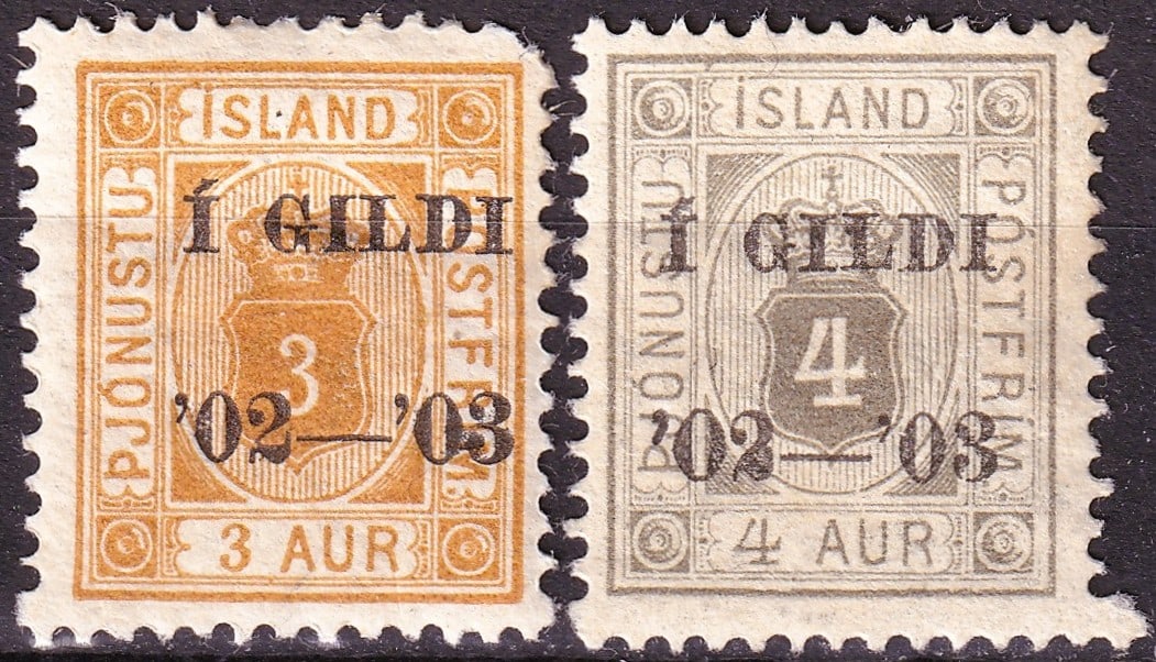1902 Danish administration Iceland Officials Scott O20 O21 I Gildi Overprint Pair: A scarce and historically significant pair of Icelandic official stamps from the provisional “I GILDI” overprint issue of 1902–1903, catalogued as Scott O20 and O21. These stamps originate f