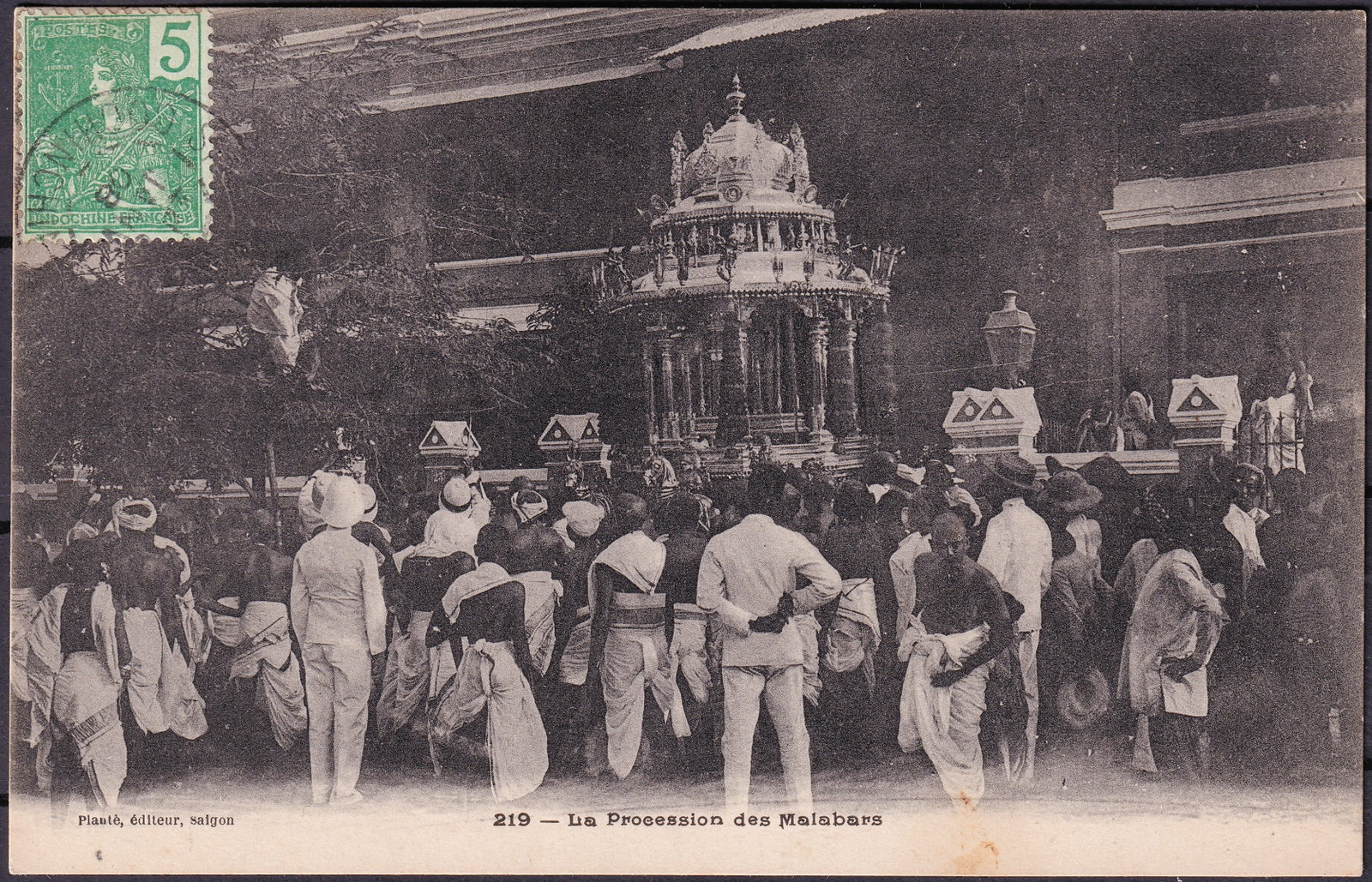 French Indochina 1908 postcard Saigon Malabar procession early colonial era Scott FR-IC 24: A fine early twentieth century postcard from French Indochina depicting the striking scene titled La Procession des Malabars showing a ceremonial religious procession with richly decorated shrine carr