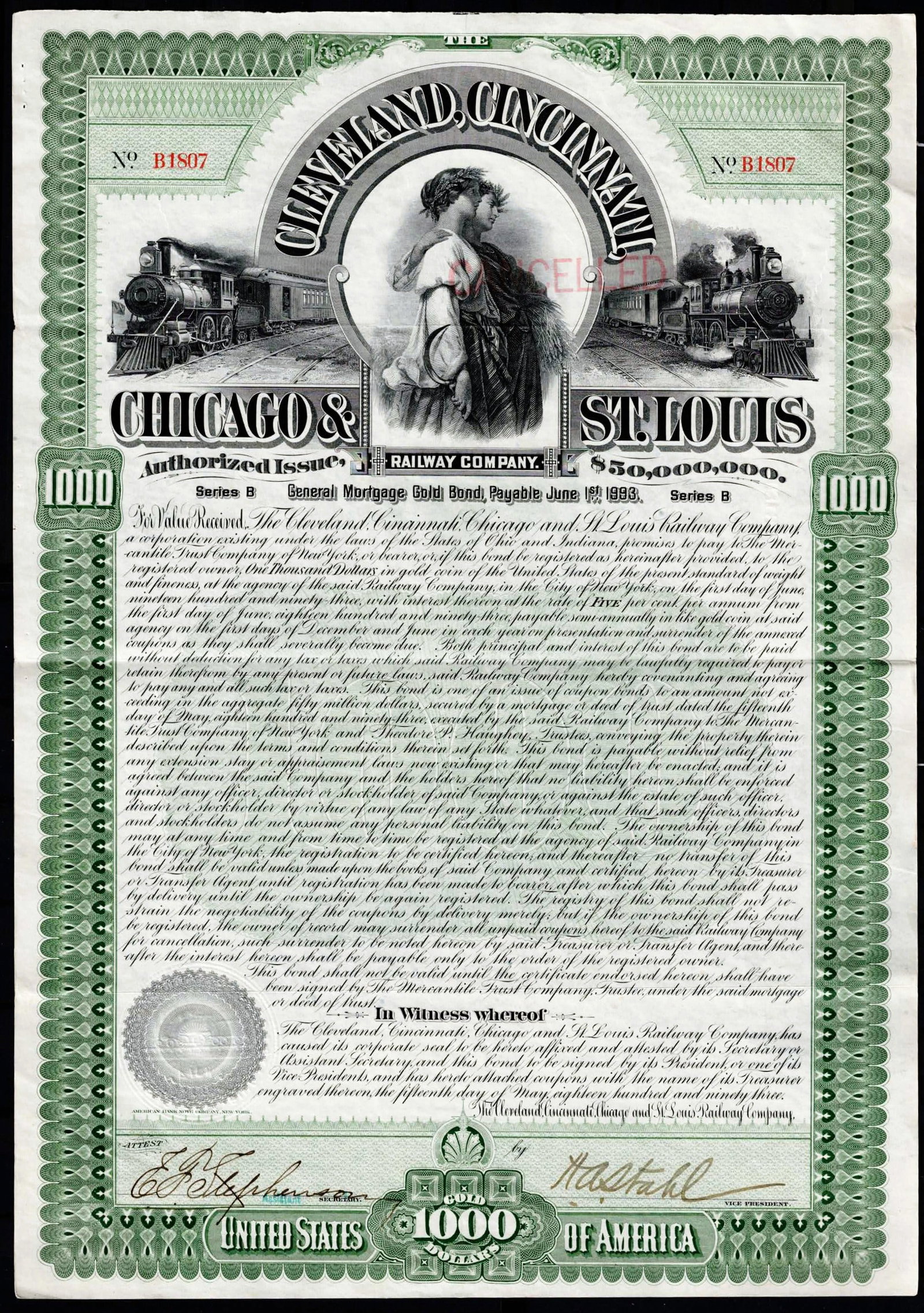 1893 USA Cleveland Cincinnati Chicago St Louis Railway 1000 Bond B1807: This original General Mortgage Gold Bond issued in 1893 by the Cleveland Cincinnati Chicago and St Louis Railway Company represents a denomination of 1,000 with an annual interest rate of 5 percent, p
