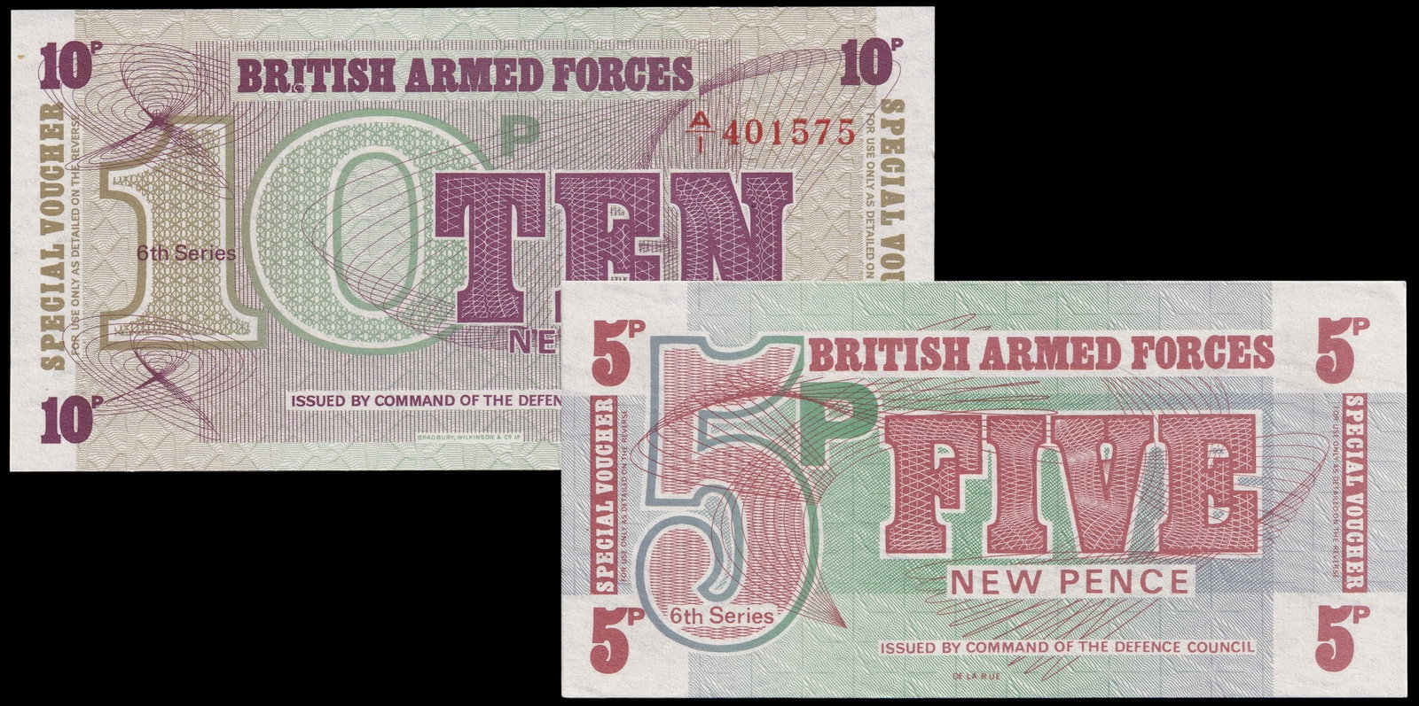 1972 British Armed Forces 5 & 10 New Pence Special Vouchers – 6th Series – UNC – P.M33 & P.M34: A matched pair of British Armed Forces Special Vouchers, comprising the 5 New Pence and 10 New Pence denominations from the Sixth Series (1972), both in uncirculated condition. These notes were issued