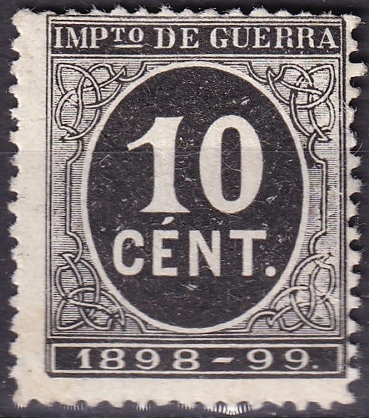 1898 Spain 10 Céntimos Black War Tax Issue — Michel ZA27, Scott MR24: Issued on 1 July 1898, this striking War Tax stamp of Spain, denominated 10 céntimos black, belongs to the emergency fiscal postal series introduced during the Spanish-American War (1898–1899). Off