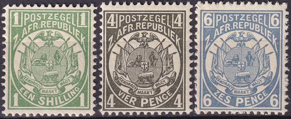 1885 Transvaal Coat of Arms Set of 3, 1s–4d–6d, SG 181–183: This impressive three-value set from the South African Republic (Zuid-Afrikaansche Republiek), issued in 1885, represents one of the most recognisable classic definitive issues of the Transvaal period