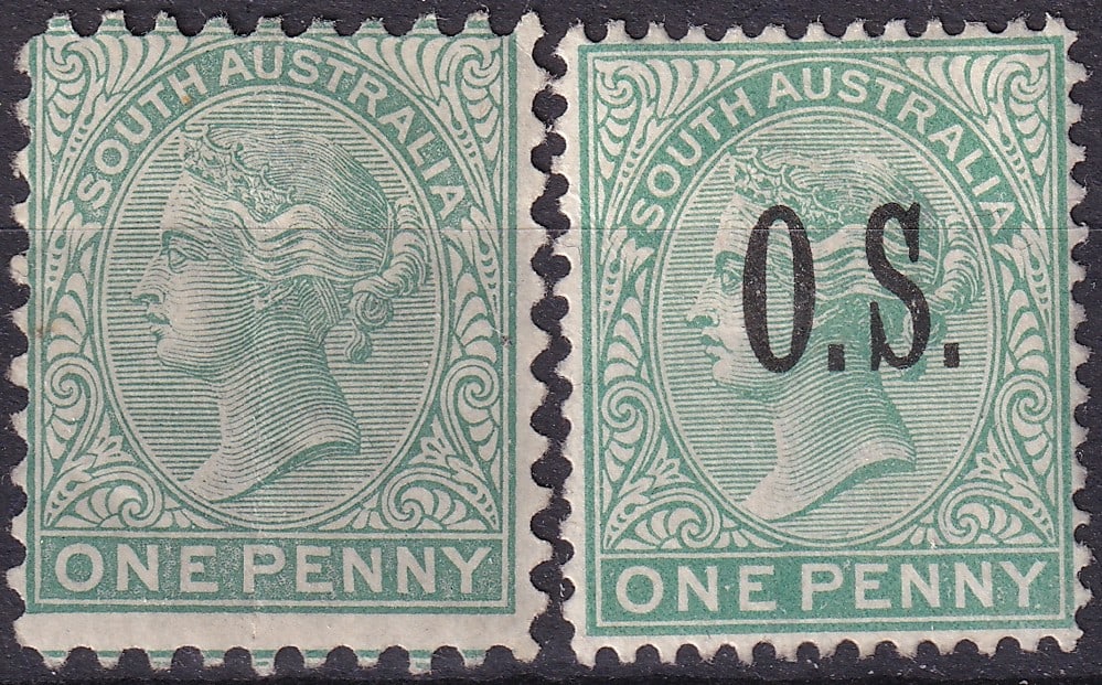 1895 South Australia Queen Victoria 1d pair OVP OS Scott 105 and O62: This attractive pair from South Australia presents a compelling study in late nineteenth century colonial issues featuring the classic profile of Queen Victoria in green typographed printing on waterm