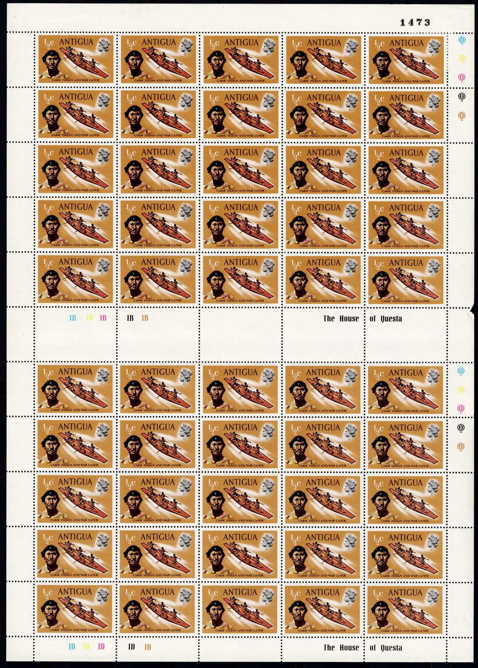 1972 Antigua ½ Cent Ships Definitive Full Sheet SG 323: A complete mint never hinged sheet of the 1972 “Ships Definitive” series from Antigua, printed by the renowned House of Questa in London. This full sheet of fifty stamps, denomination ½