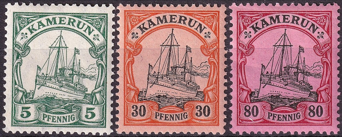 1900 Kamerun Scott 14 17 19 Yacht Issue 5pf 30pf 80pf Mint Set: A classic trio from the German colonial Yacht series of Kamerun, issued circa 1900 and catalogued as Scott 14, 17, and 19. This set includes the 5 pfennig green, 30 pfennig orange and black, and 80 pf