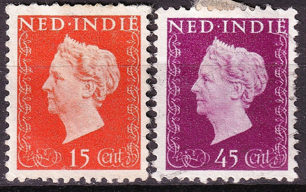 1948 Netherlands Indies Scott 281 285 Queen Wilhelmina Hartz Issue: A scarce and historically significant pair from the final definitive issues of the Netherlands East Indies, issued in 1948 during the closing phase of Dutch colonial administration in Indonesia. This 