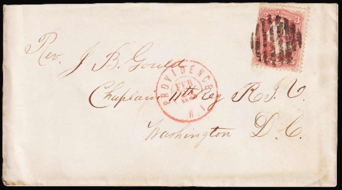 US 1864 Civil War Patriotic Cover, 3c Rose Washington, Providence to DC: This Civil War-era patriotic cover, postmarked February 10, 1864 in Providence, Rhode Island, was addressed to Reverend J.B. Gould, Chaplain of the 14th Regiment of Rhode Island (R.I.) stationed in Wa