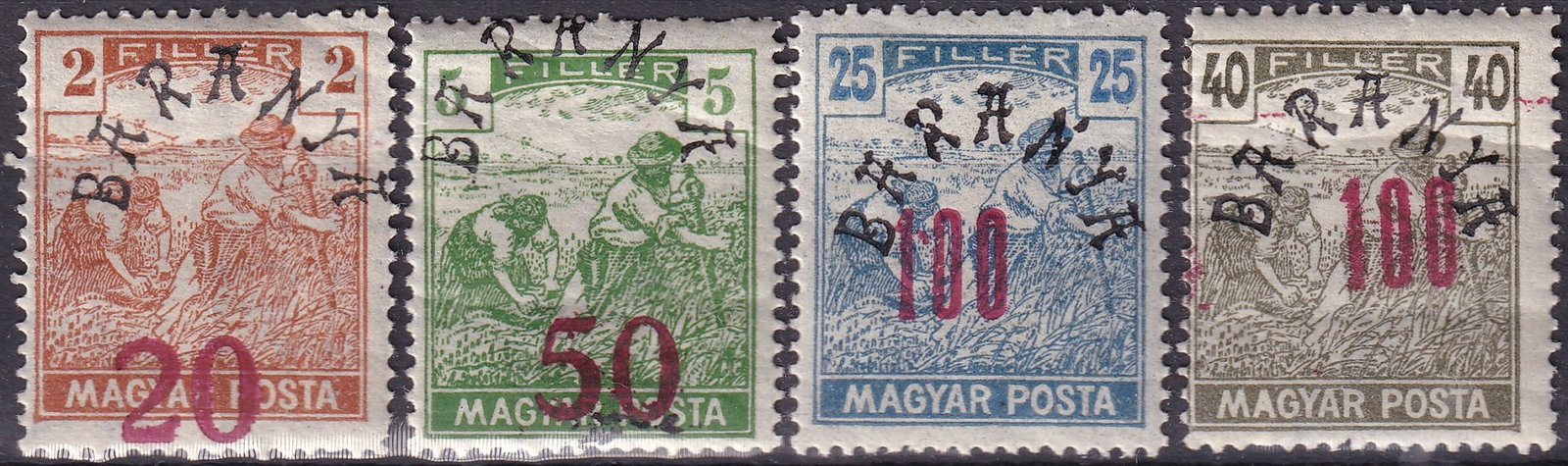 1919 Hungary Baranya occupation set Scott 8N6 8N8 8N9 8N10: This highly desirable and extremely scarce Baranya occupation group from the second issue presents four typographed definitives revalued and overprinted for postal use during the short lived Serbian a