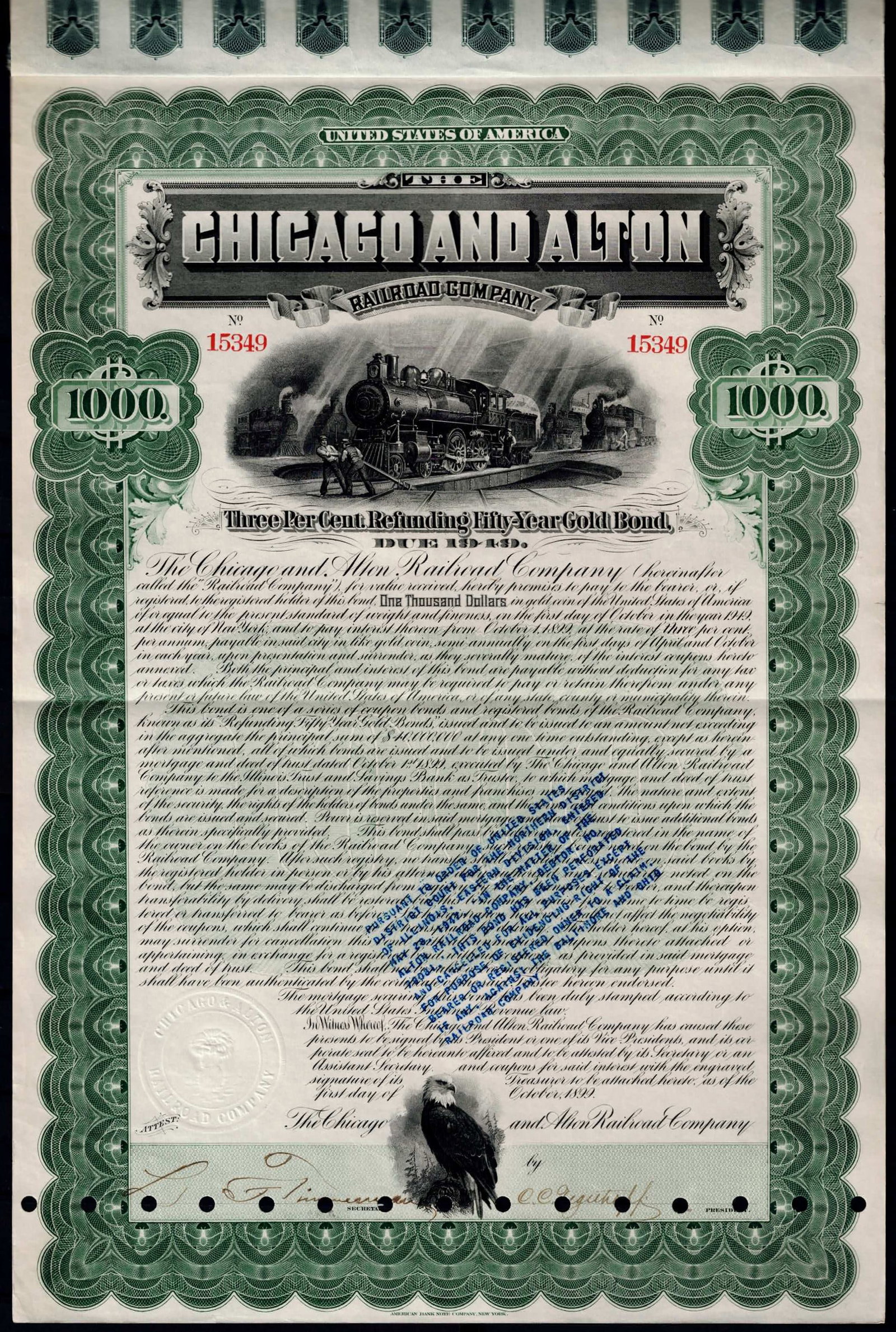 Chicago and Alton Railroad Company gold bond 1939 1000 dollars: This impressive historical railroad bond issued by the Chicago and Alton Railroad Company represents one of the grand financial instruments used to expand rail infrastructure across the United States 