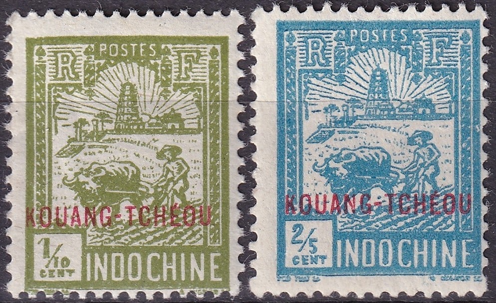 French Kouang-Tcheou 1927 Overprinted 1/10c & 2/5 c Pair Scott 75 & 77: This attractive pair from the French Post Office in Kouang-Tcheou, issued in 1927 and consisting of the 1/10 Cent olive green and the 2/5 Cent pale blue values, corresponds to Scott FR-KT 75 and 77, M
