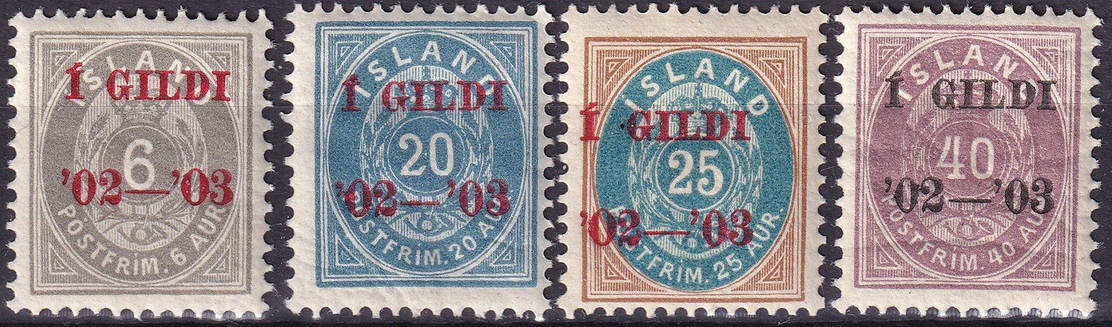 1902 Iceland Overprint I GILDI Scott 46 62 48 58 MNH Set: A scarce and highly collectible mint never hinged set from Iceland’s iconic provisional overprint issue “I GILDI 02–03,” corresponding to Scott 46, 62, 48, and 58, issued in October 1902 d
