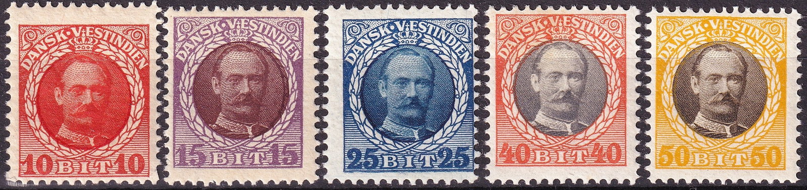 1905 Danish West Indies Scott 32 33 34 35 36 King Christian IX Set MNH: An attractive and well-balanced five-value set from the Danish West Indies definitive series depicting King Christian IX, issued circa 1905 and catalogued as Scott 32–36. The group includes the 10 b