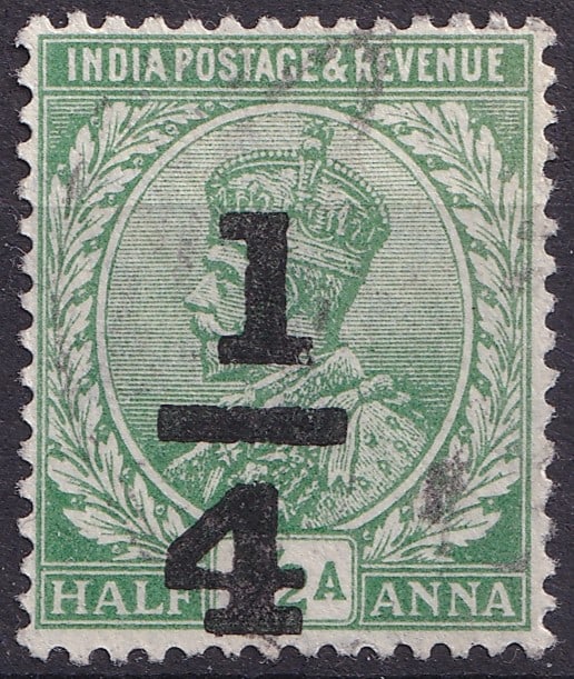 India 1922 King George V Surcharge ¼ Anna Scott Unlisted SG 196 MNH: Issued in June 1922, this definitive stamp from British India belongs to the King George V series of 1911–1926 and was originally printed as the ½ anna green, later surcharged with a bold bla