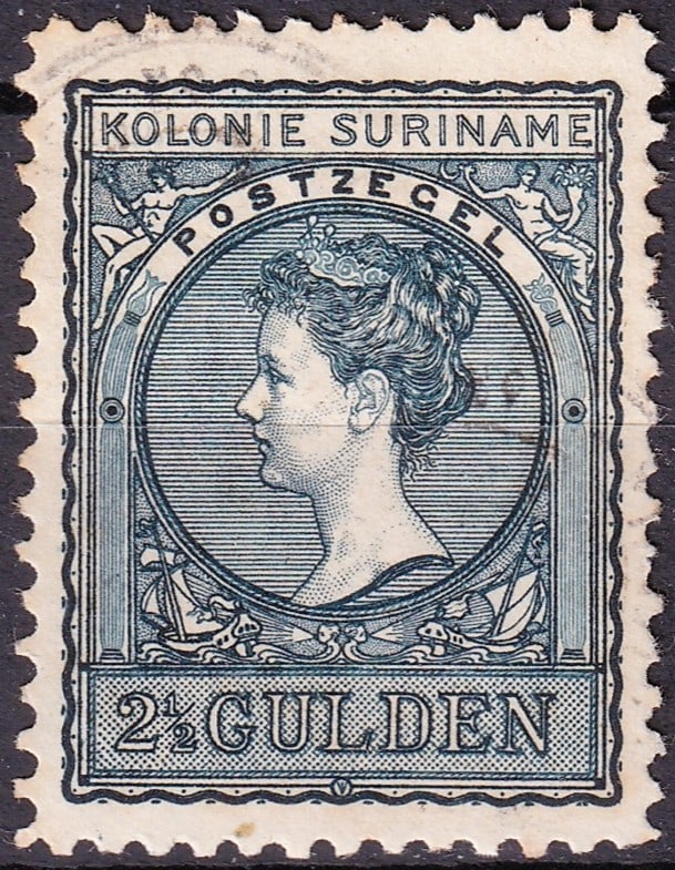 Surinam 1907 Scott 60 Queen Wilhelmina 2½ Gulden MH: Surinam Scott 60 Michel 63 from the classic Queen Wilhelmina definitive series issued during the Dutch colonial administration of Surinam in 1907. This high denomination 2½ Gulden stamp was pri