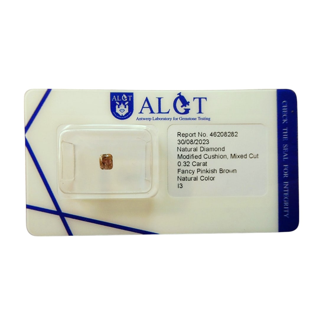 0.32 ct Fancy Pinkish Brown Diamond, ALGT Certified, Cushion Cut: Certified by the Antwerp Laboratory for Gemstone Testing (ALGT), this natural fancy colored diamond weighs 0.32 carats and features a modified cushion mixed cut. With dimensions of 3.89 ? 3.23 ? 2.59 