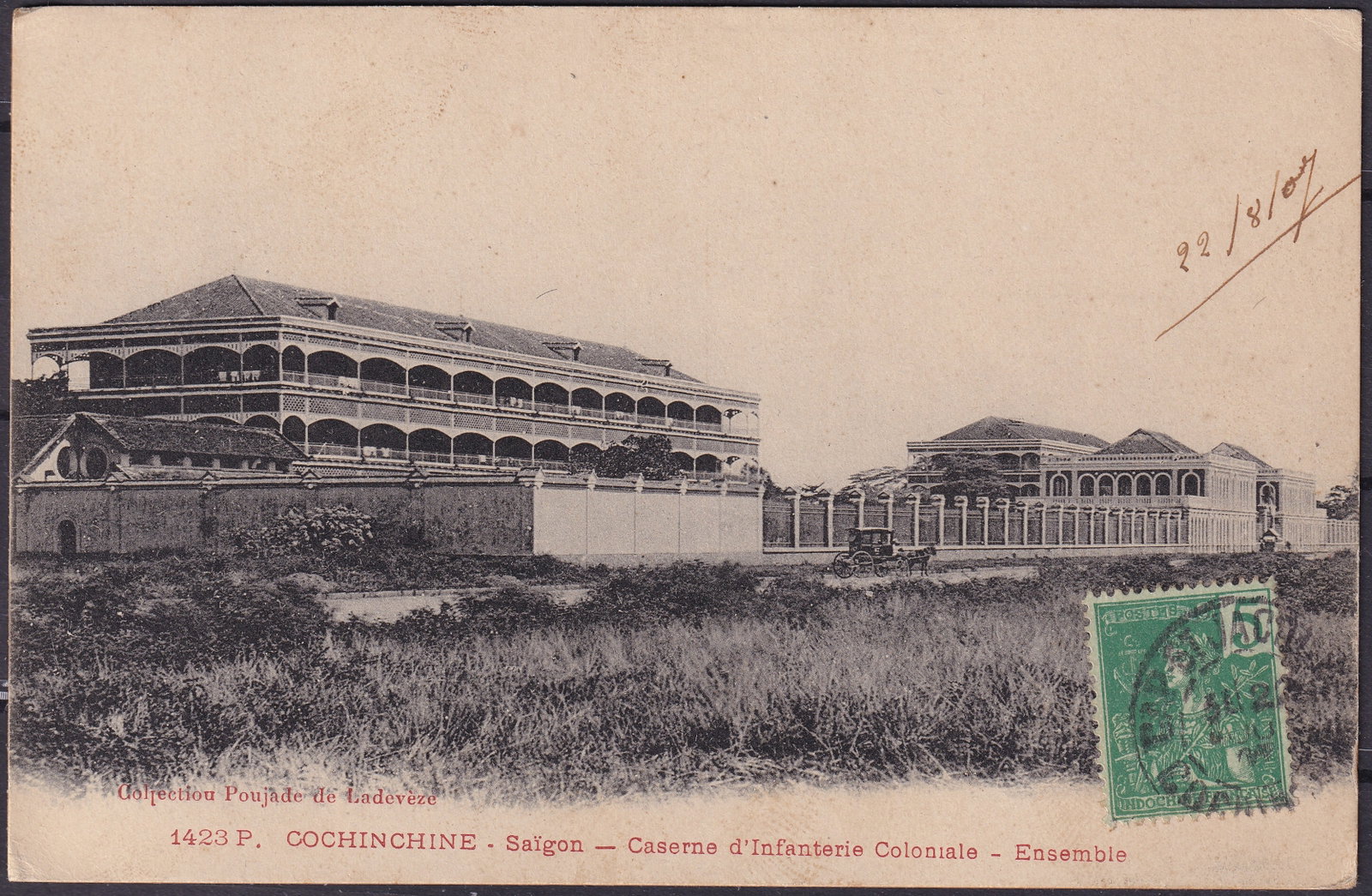 1907 French Indochina Colonial Barracks Saigon postcard Scott IC 48: This early 20th century postcard from French Indochina presents a rare and atmospheric view of the Colonial Infantry barracks at Saigon during the height of French colonial administration in Southeast