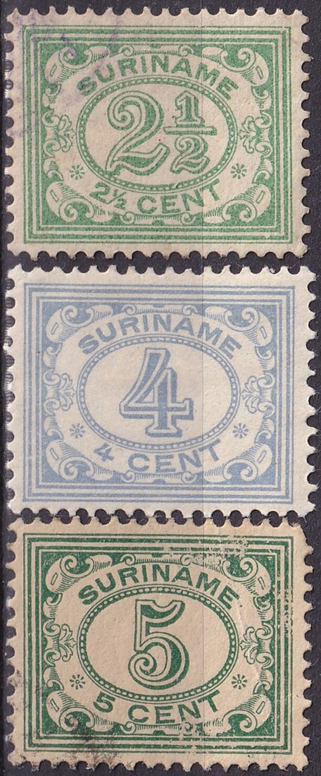 Dutch Suriname 1913 1926 Definitives Digits Series Scott SR78 SR81 SR83: This finely assembled group of early Suriname definitives presents three key values from the Digit in Oval issue first released in 1913 and continued through the 1920s, an iconic series produced by Jo